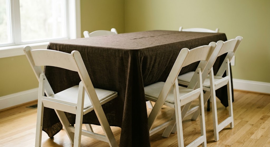 Rectangular banquet table with brown linen and white folding chairs for a Bay Area event