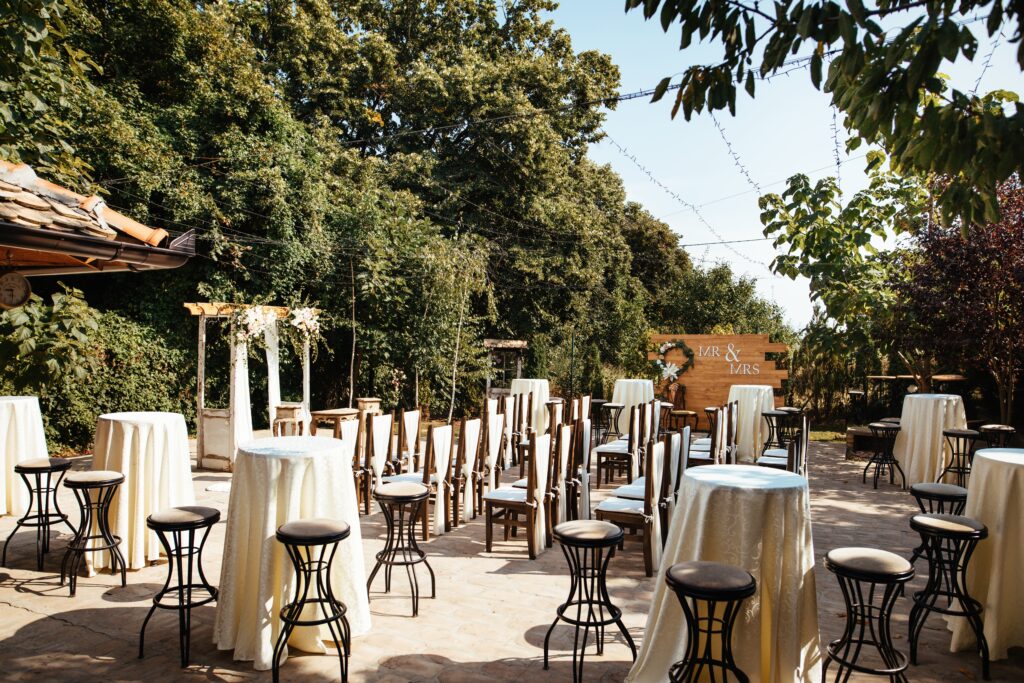 Outdoor cocktail party rentals with barstools and high-top tables in the Bay Area