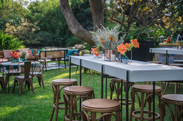 Rustic wooden barstool rentals for outdoor wedding receptions and events