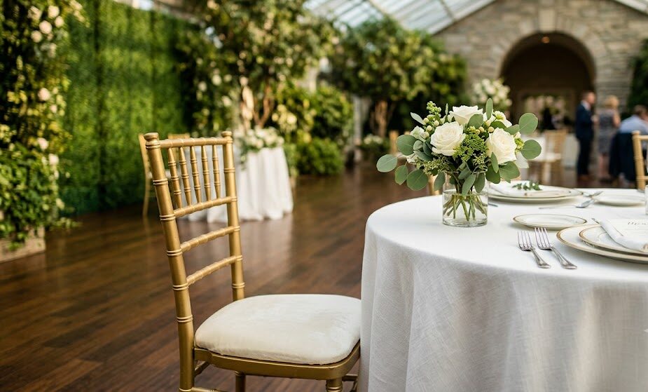 Elegant gold Chiavari chair rental set with cushion for Bay Area weddings and formal events.