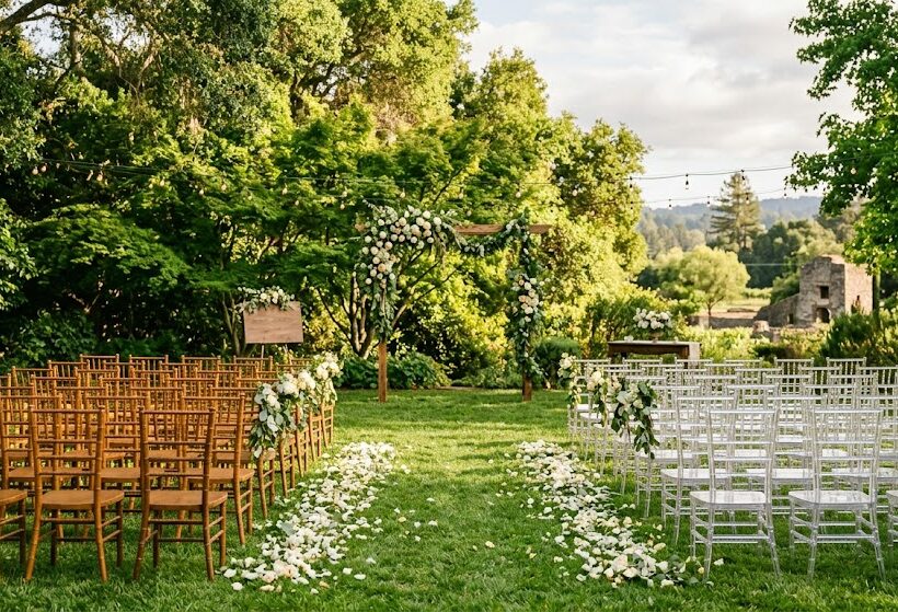 Outdoor garden wedding ceremony setup with wooden fruitwood Chiavari chairs in the Bay Area.