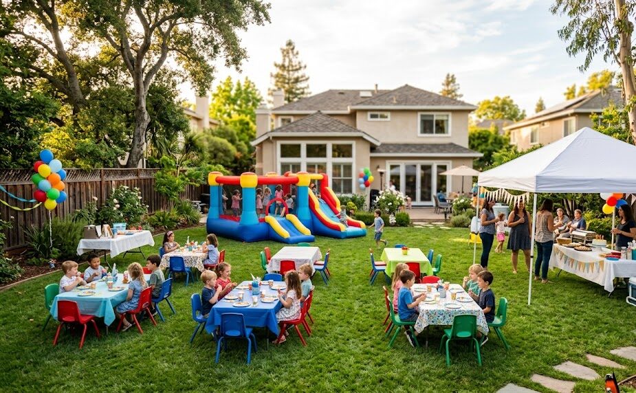 Complete outdoor backyard birthday party setup with table rentals and bounce house in San Jose