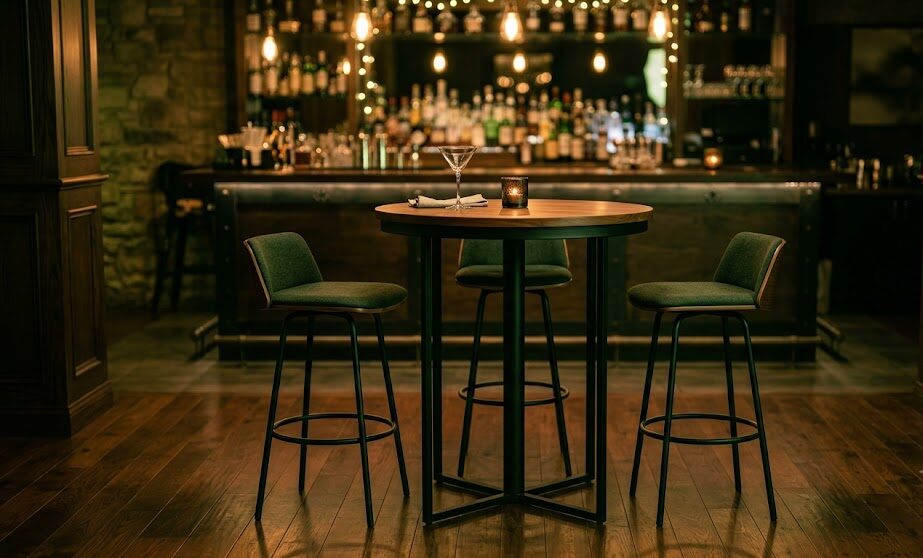 Professional event setup featuring high-top cocktail tables designed for standing-only social receptions