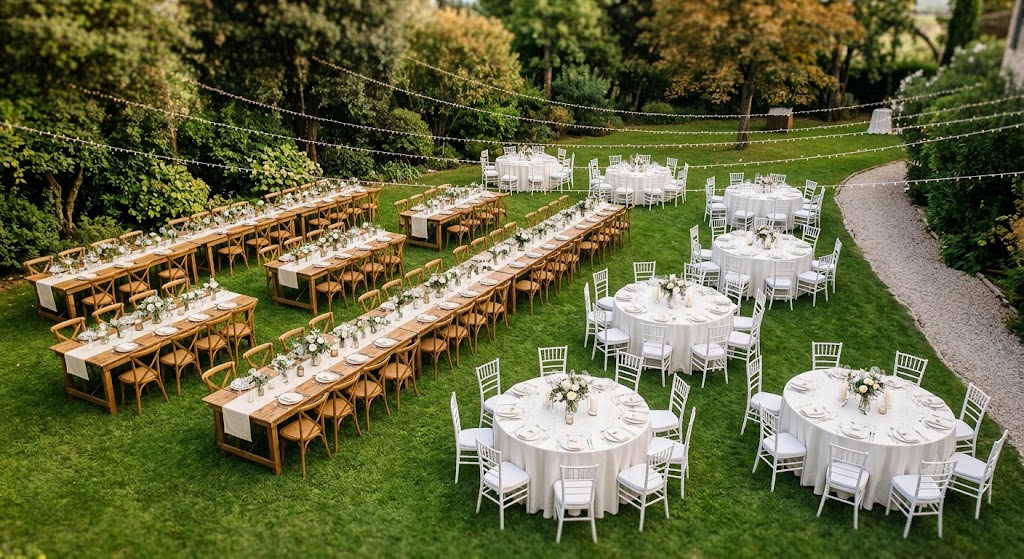 Elegant wedding reception layout featuring wooden farm tables paired with cross-back chairs in a spacious outdoor venue.