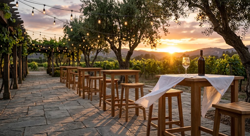 Outdoor event space featuring arranged cocktail tables and scenic views, ideal for Bay Area corporate mixers.