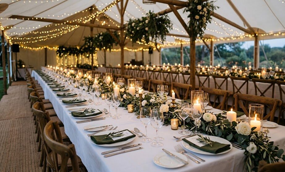 Rectangular banquet table layout for large wedding parties and events
