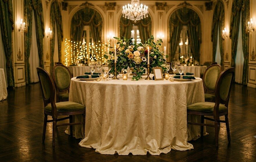 Elegant round tables with floral centerpieces and luxury seating for an indoor wedding venue.