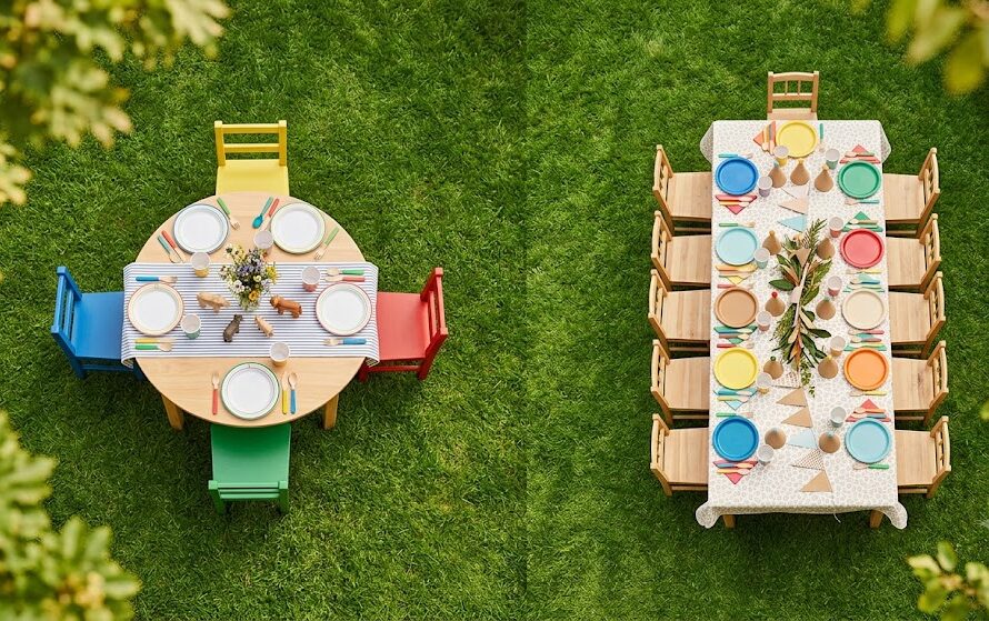 Kids birthday party table and chair rentals showing round and rectangular seating setups