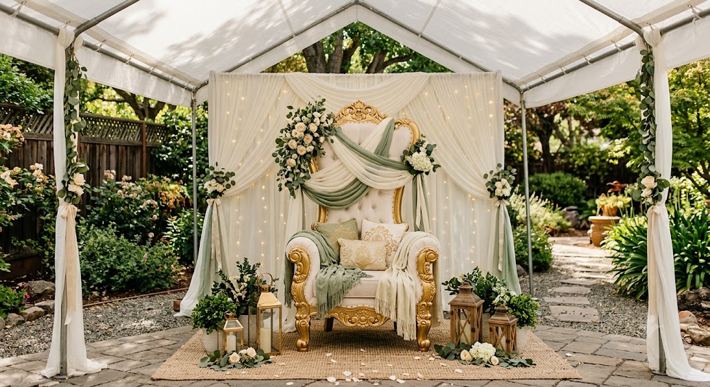White and gold royal throne chair rental set up inside an outdoor event tent in San Jose