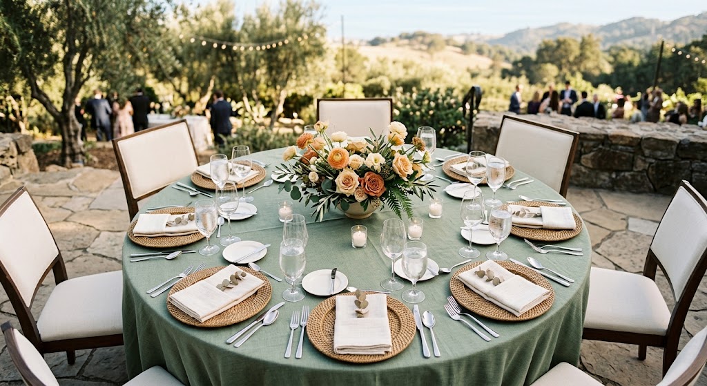 60 inch round table set for eight guests, showing how many guests fit at a round table for a Bay Area wedding