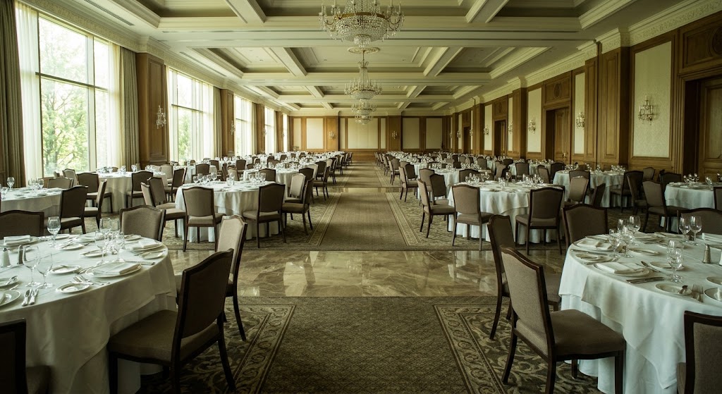 Banquet hall round table spacing with wide aisles between tables at a Bay Area ballroom