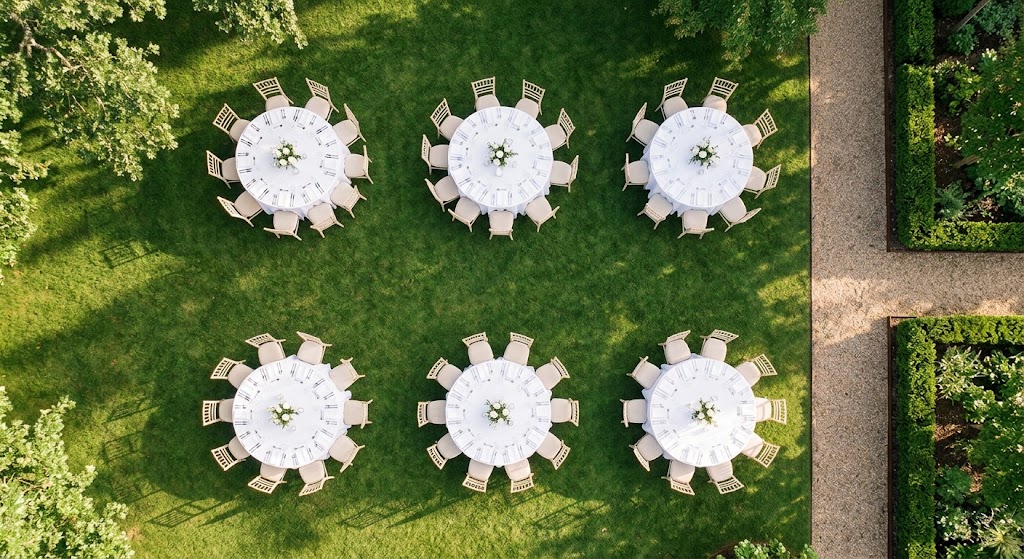 Overhead view of round table layout with clear aisles for a San Jose event
