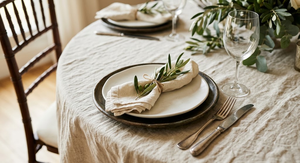 Place setting with charger plate, wine glass, and napkin on a round wedding table with a Chiavari chair