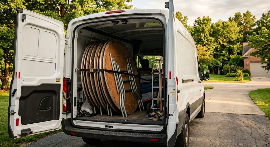 Folded round tables loaded for delivery ahead of a Bay Area event rental