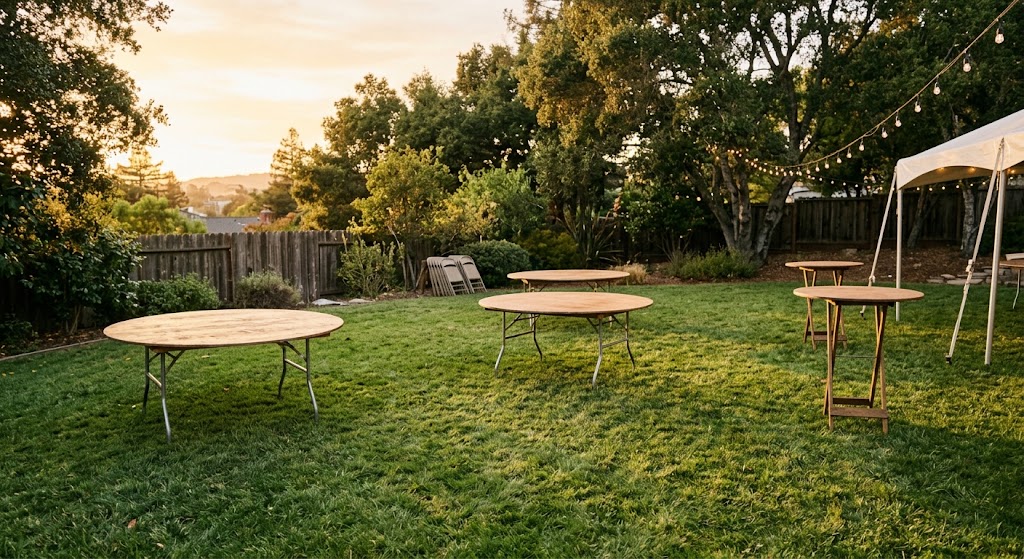Round table rentals of mixed sizes set up in a Bay Area backyard for an event