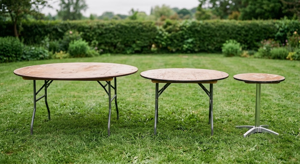 Round tables in three sizes, from a 60-inch to a small pedestal table, for round table rental in San Jose