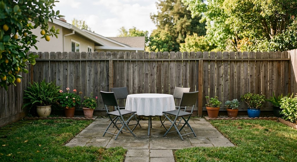 Small round table with four chairs and a clear walkway on a compact San Jose backyard patio