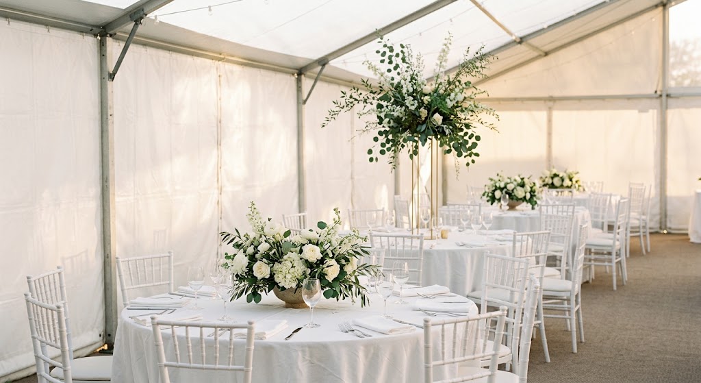 Alternating tall and low wedding centerpieces on round tables inside a San Jose event tent