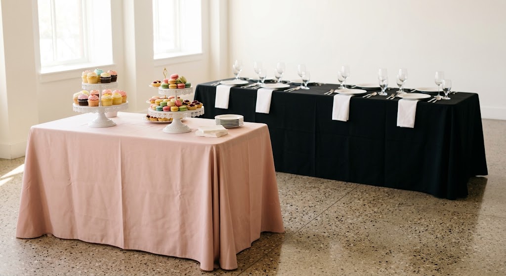 6ft vs 8ft banquet tables: a blush dessert table in front of a black-linen 8ft dinner table in a bright event hall