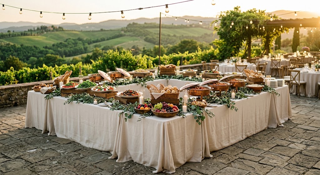 Banquet table buffet island with clear walkways on all sides at an outdoor Bay Area reception