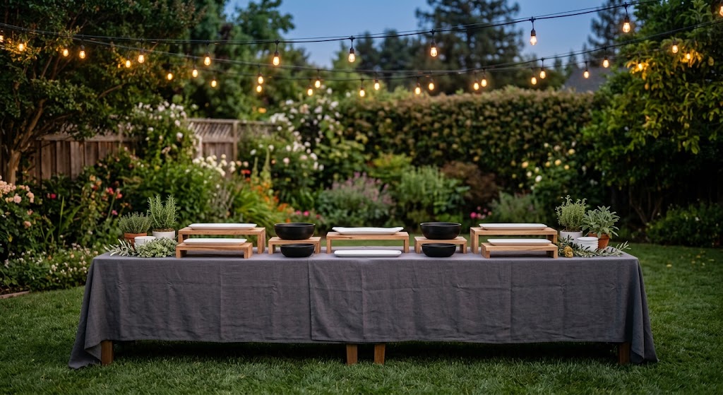Backyard buffet table with charcoal linen, wooden risers and herbs under string lights