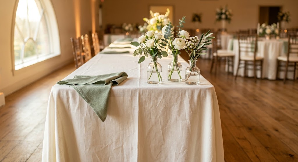 Banquet table decoration with floor-length ivory linen, sage napkin and bud vases in a Bay Area event hall