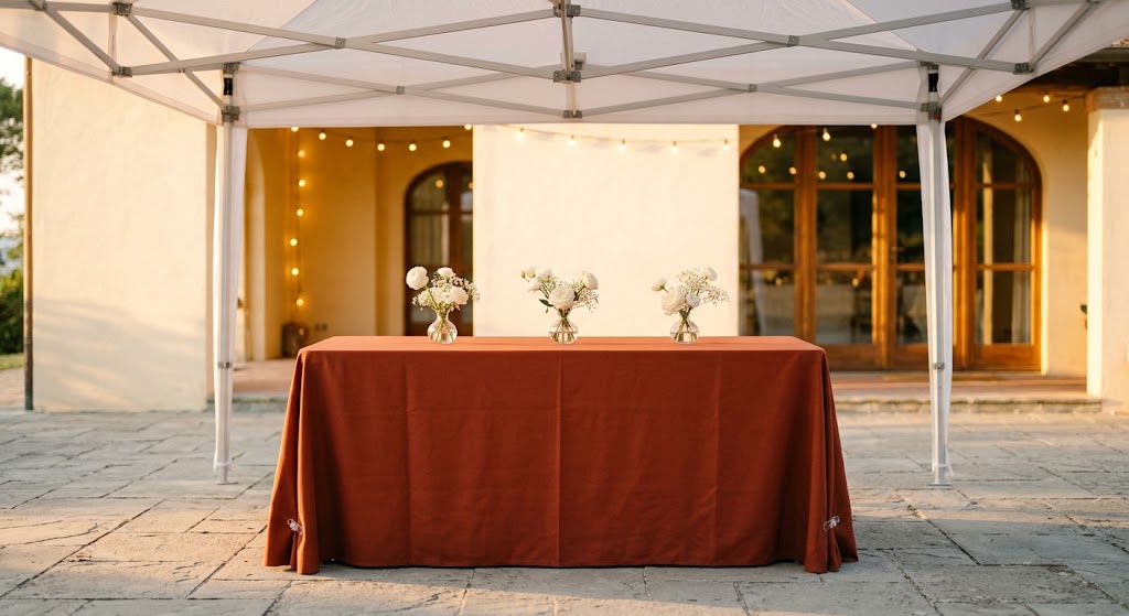 Banquet table with clipped terracotta linen on level patio ground under a white party tent for a Bay Area outdoor event
