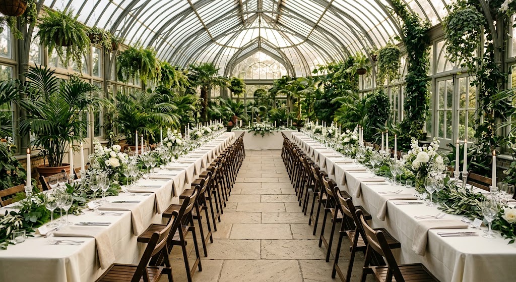 Wide aisle between two long banquet table rows showing proper spacing for a large gathering